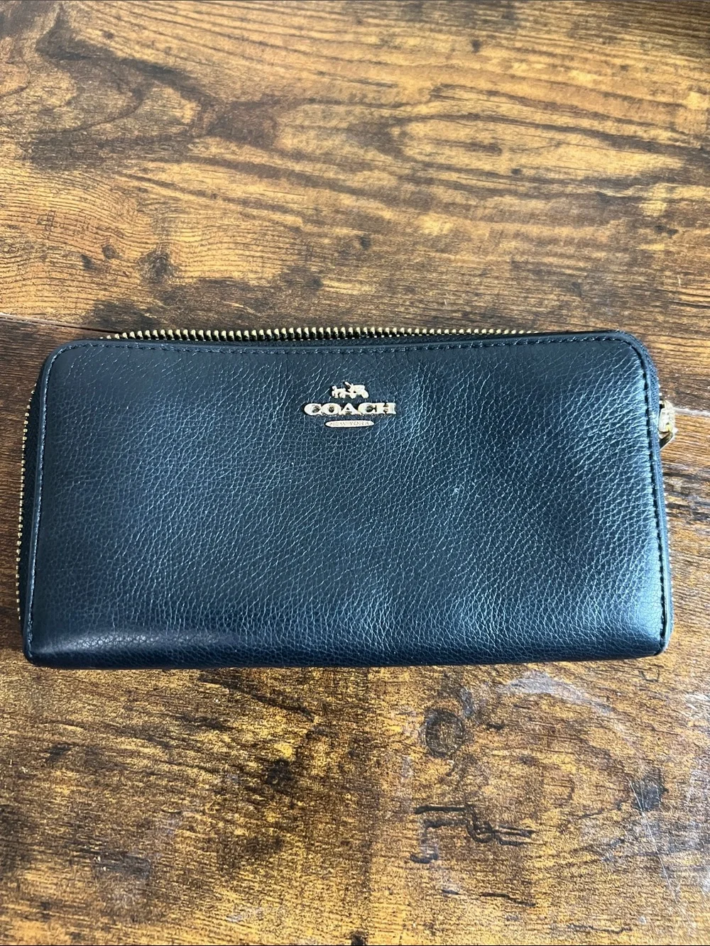 Coach Black Leather Zip-Around Wallet with Gold Logo